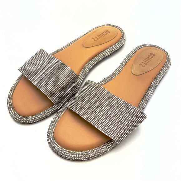 SCHUTZ Alcina Rhinestone Leather Slide Sandals - Picture 7 of 10